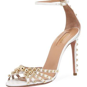 Aquazzura Bon Bon Beaded Ankle-Strap Sandal Heals, White/Gold, 38.5